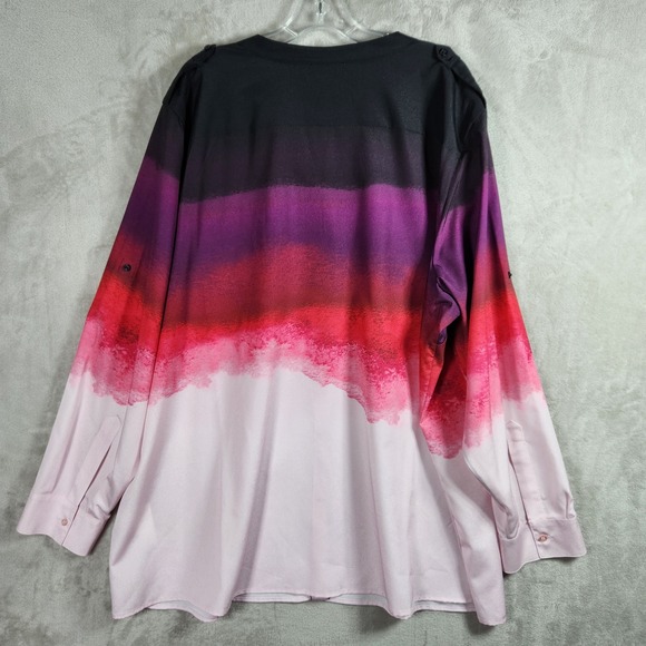 Calvin Klein Womens 3X Ombre Blouse Pink Red Purple Black Roll Tab Sleeve Top - Picture 2 of 9